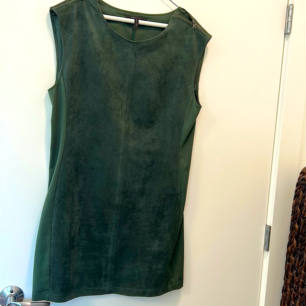 Olive faux suede (washable) dress, size L made byBCBG, drapes above the knee